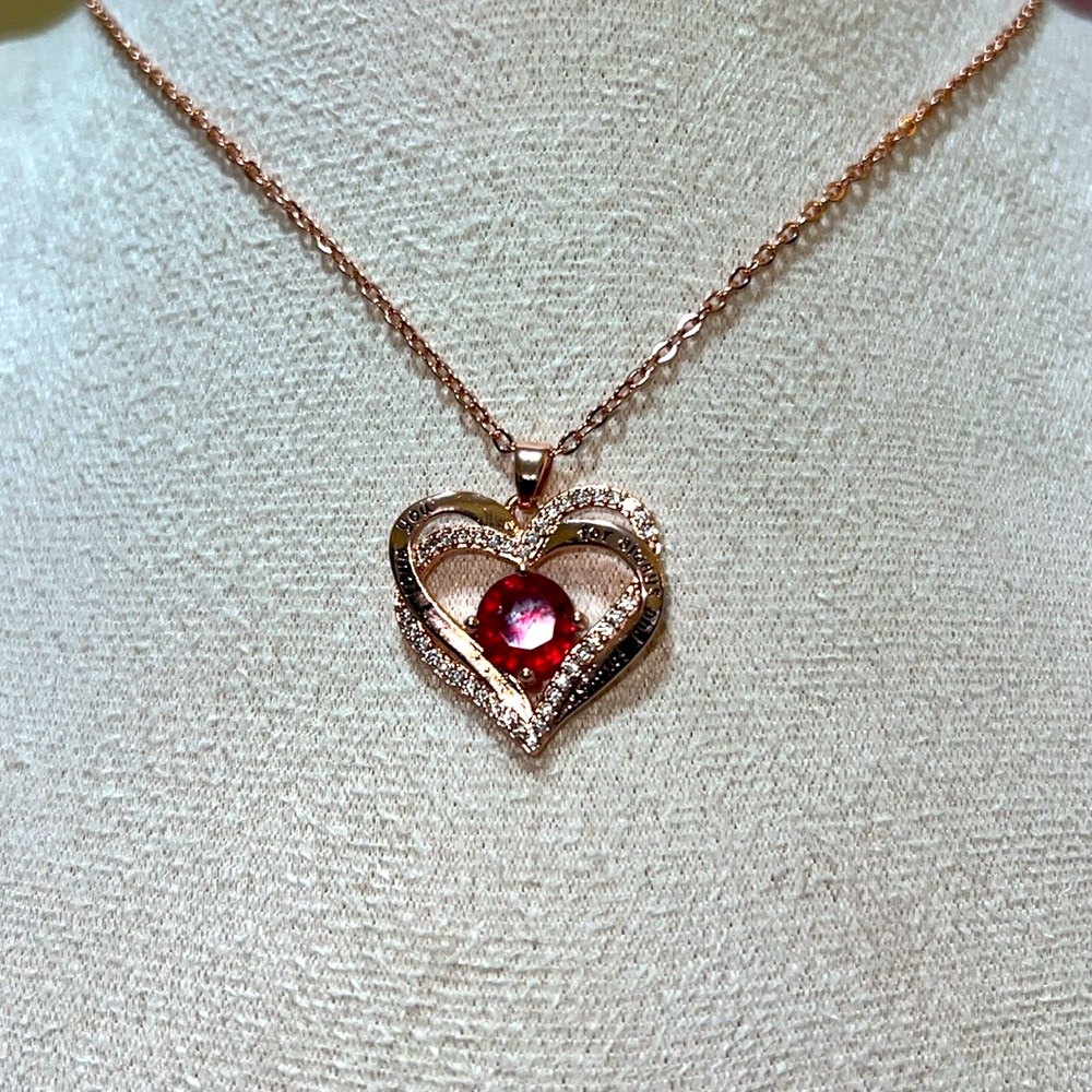 Necklace, Elegant Heart Pendant Necklace with Red Gemstone NWOT